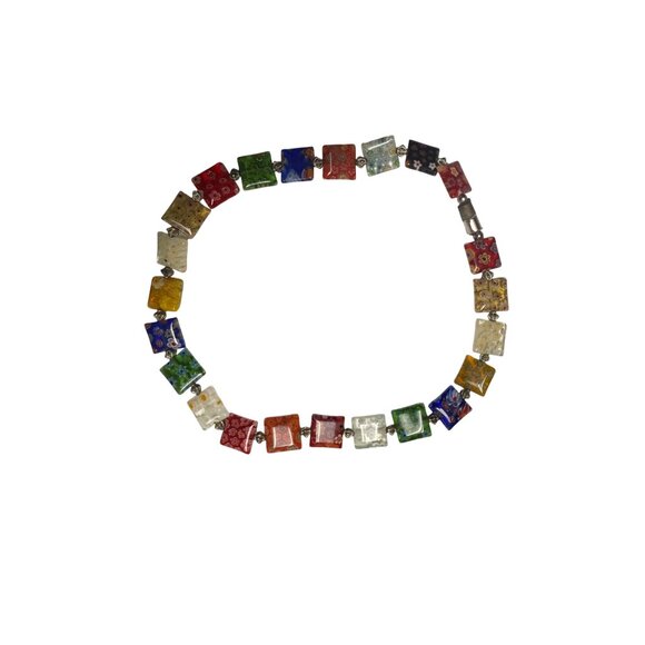 Colorful Millefiori Glass Square Flat  Bead Necklace With Silver-Tone Spacers - Picture 2 of 8